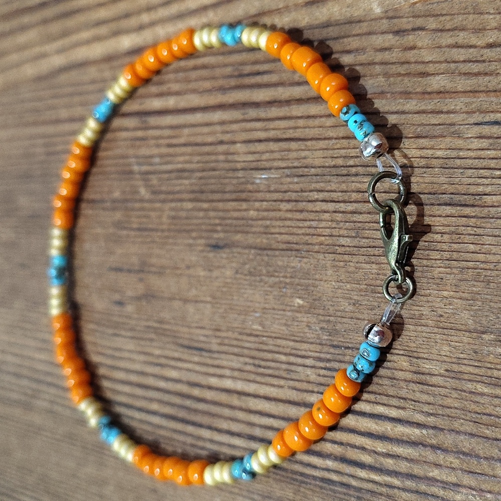 Orange and Turquoise Beaded Bracelet, Handmade Men's Bracelet 9 Inches Long - Picture 4 of 6